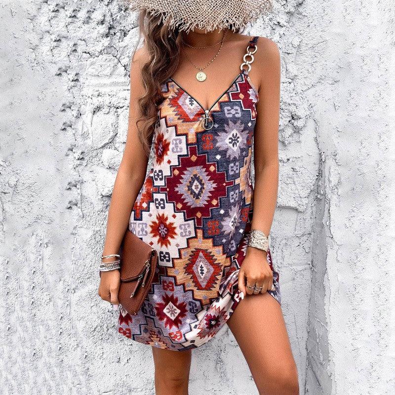 Women's Fashion Casual Printing Sling Dress-Coffee-1