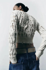 Women's Fashion Leisure Ripped Decorative Knitted Cardigan-2