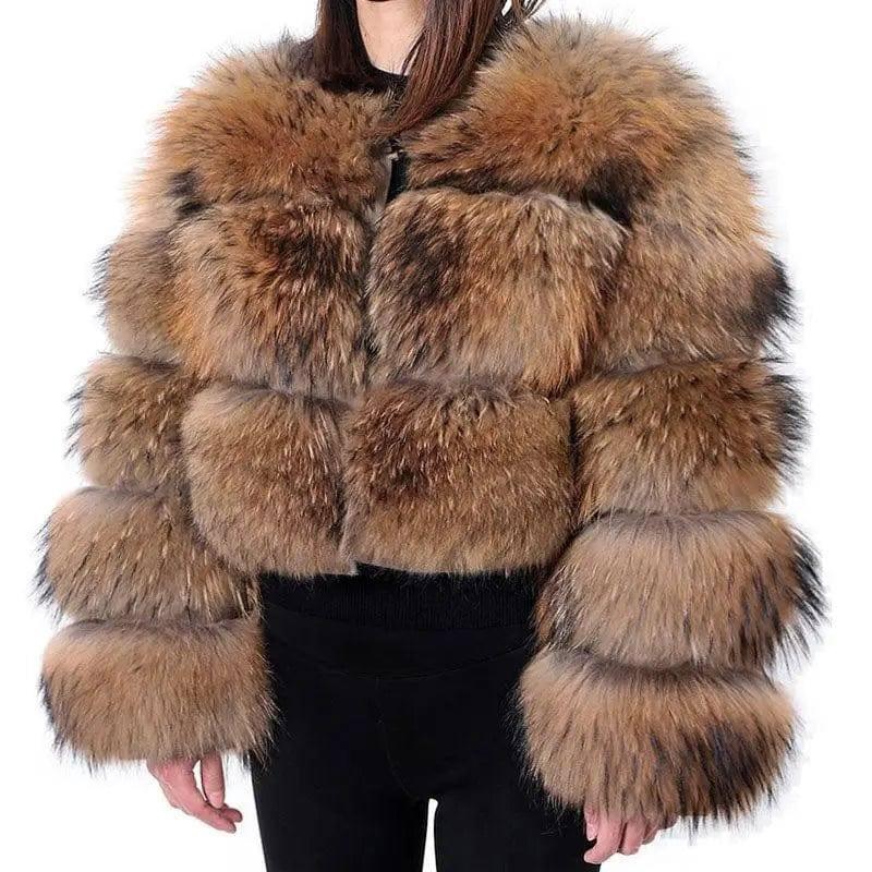 Women's Fashionable Fox Fur Splicing Short Coat-Raccoon dog hair-8