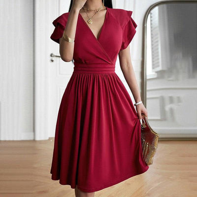 Women's Fashionable Temperament Elegant V-neck Midi Dress-Wine Red-5