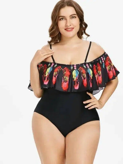 Women's feather shoulder plus fat plus Dalian body-Blackred-1