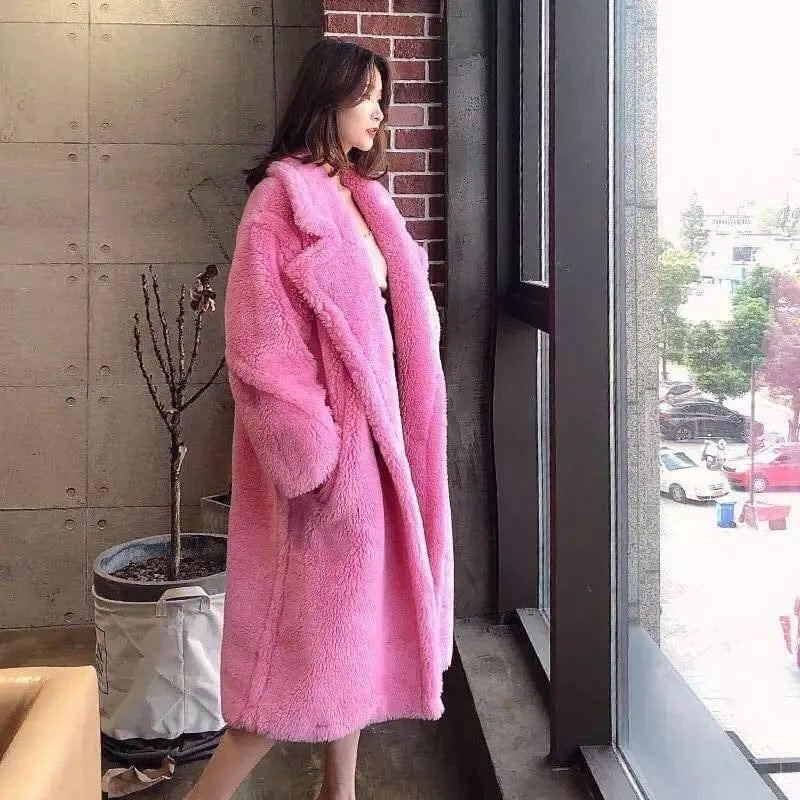 Women's Fur And Lamb Woolen Long Coat-Pink-1