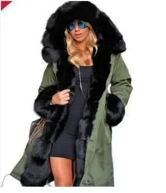 Women's fur collar coat-Green black-5