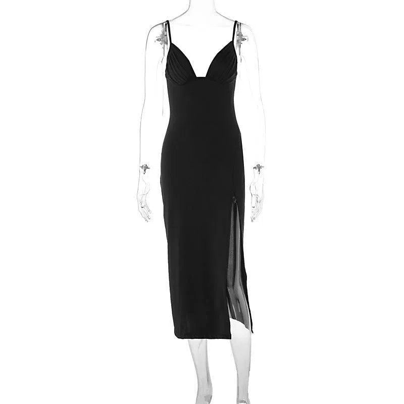 Women's Graceful And Fashionable Pleated V-neck Sling Dress-Black-6