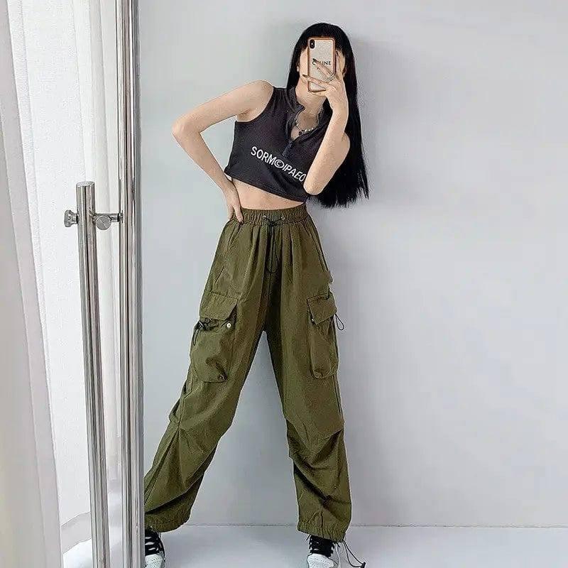 Women's Grey Loose Straight Cargo Pants-Army Green-3