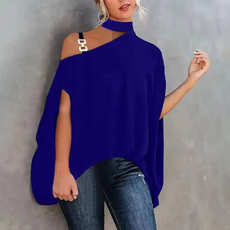 Women's High Neckline Strapless Crossbody Shoulder Cape-Blue-7