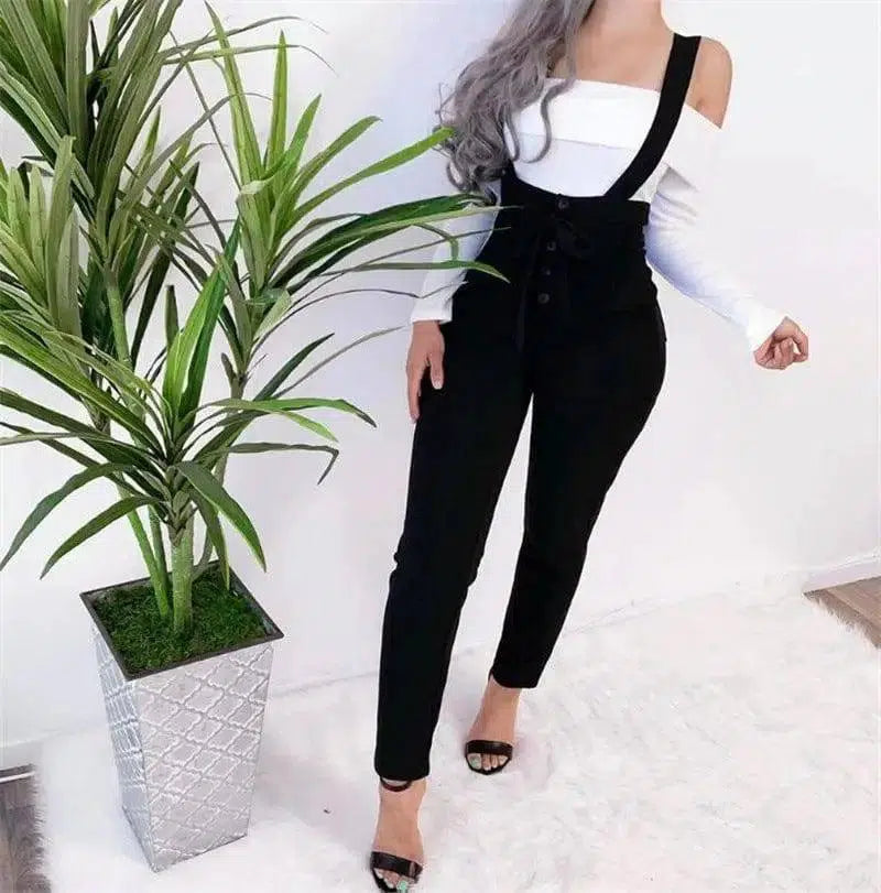 Women's high waist casual jumpsuit suspenders-Black-31