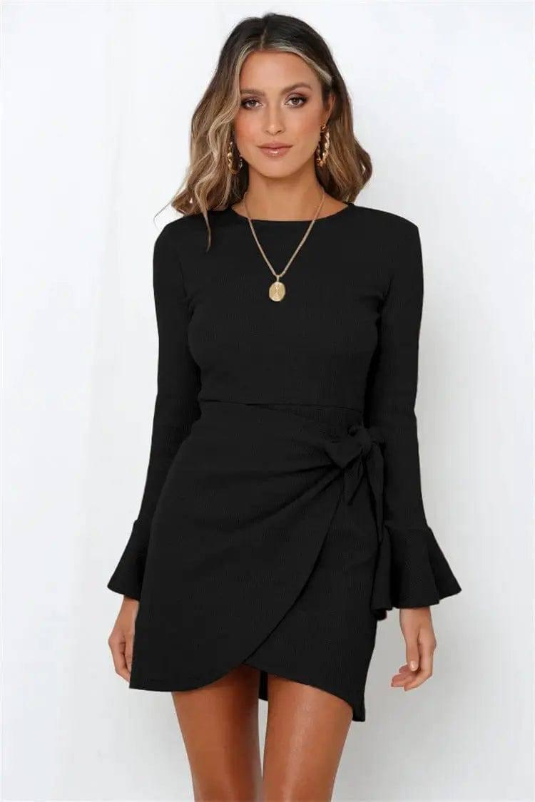 Women's Long Sleeve Dress Ruffle Flared Sleeve Bowknot-Black-1