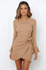 Women's Long Sleeve Dress Ruffle Flared Sleeve Bowknot-Brown-2