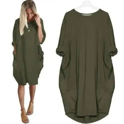 Women's Loose Casual Pocket Long Sleeve Dress-Armygreen-5