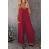 Women's Loose Sleeveless Jumpsuits Romper Jumpsuit With Pockets Long Pant Summer-Red-5