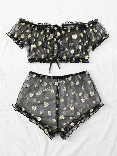 Women's Printed Lingerie Set-Black-6