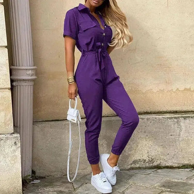 Women's Monochromatic Belt Workwear Jumpsuit, Casual Pants,-13