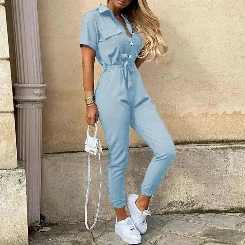 Women's Monochromatic Belt Workwear Jumpsuit, Casual Pants,-6