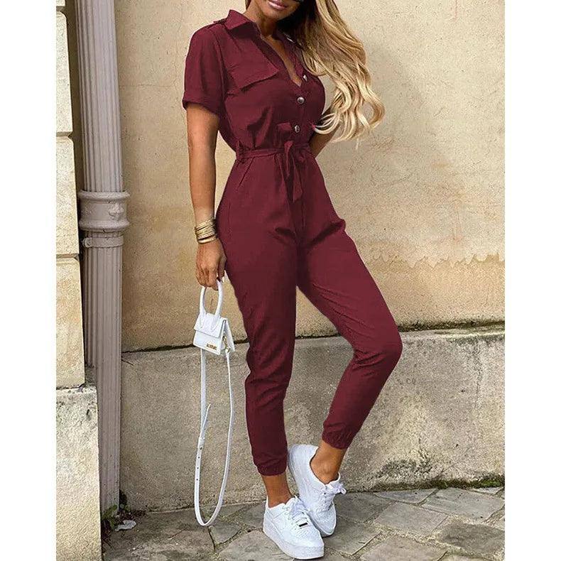 Women's Monochromatic Belt Workwear Jumpsuit, Casual Pants,-9