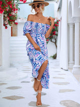 Women's Off-shoulder Smocking Printed Dress-Blue-2