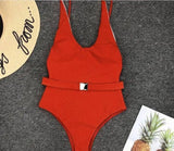 Women'S One-Piece Swimsuit European And American Solid Color-Red-8