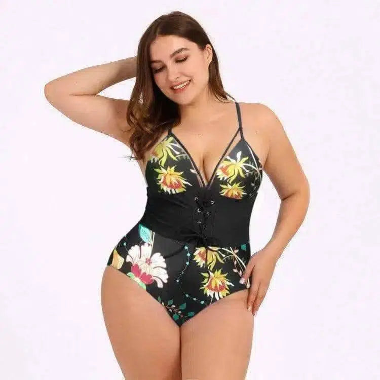 Women's Plus Size Bikini Printed Bouquet Waist-Blackprint-5