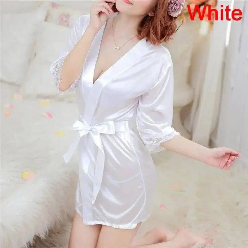 Women's Sexy Lingerie Set Sexy Ice Silk Robe with Bathrobe-White-5