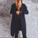 Women's Single-breasted Solid Color Long-sleeved Hooded-NavyBlue-6