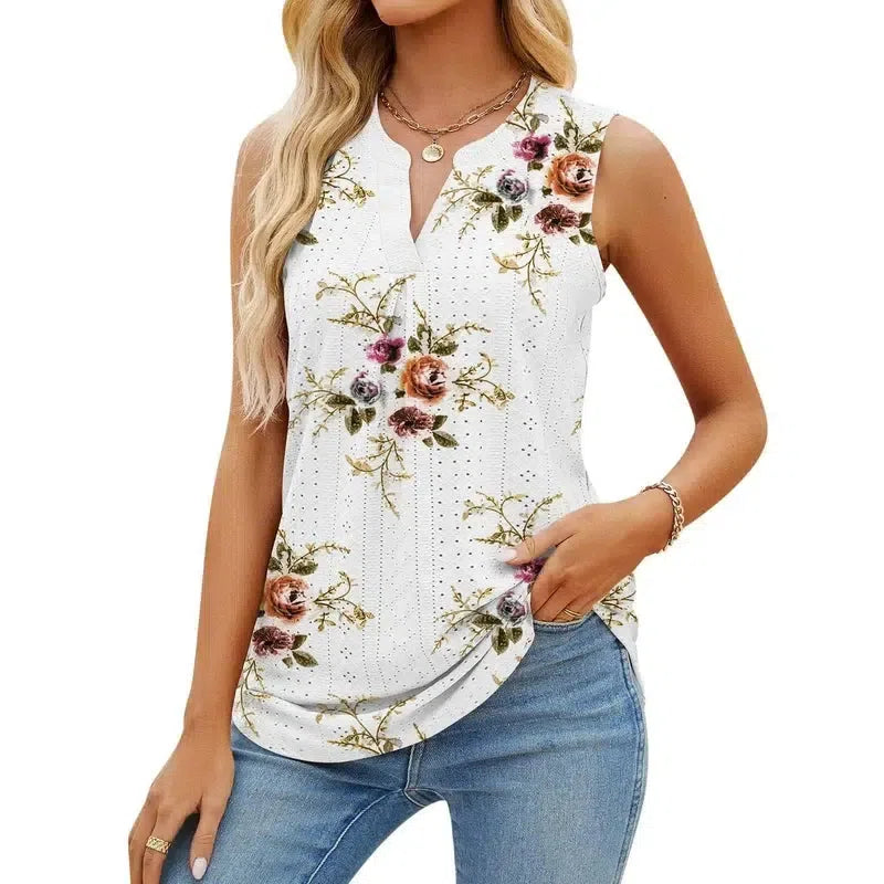 Women's Sleeveless T-shirt Summer Hole V-Neck Slim Fit Tank-Peony-2