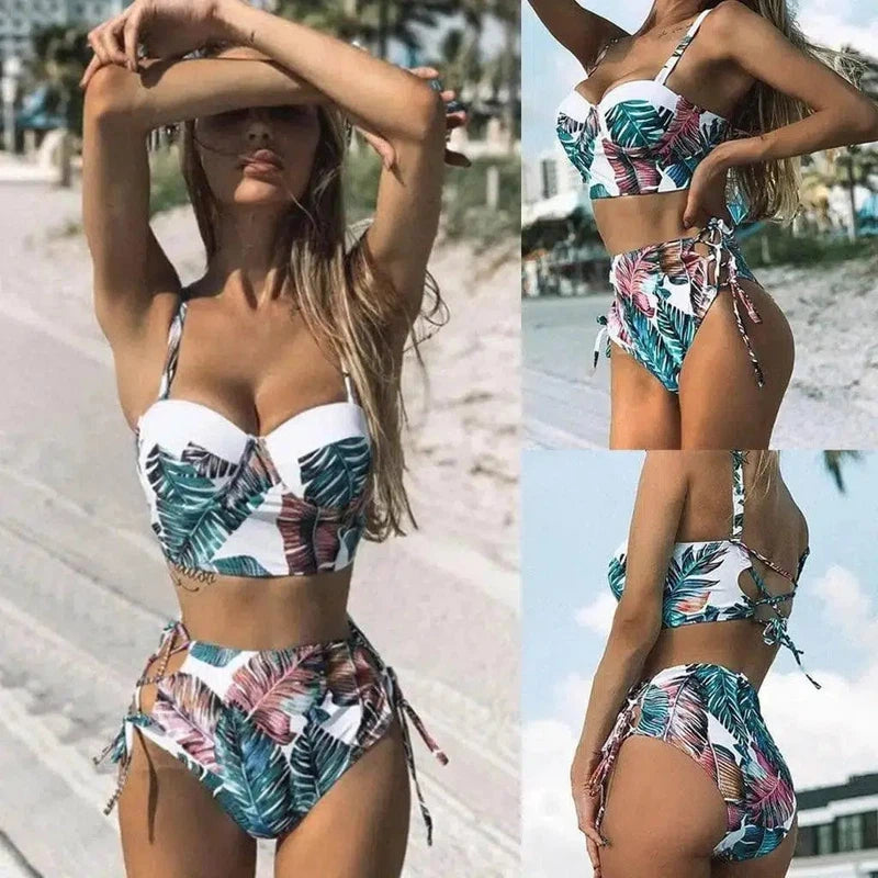 Women's split bikini with leaf print-A-1