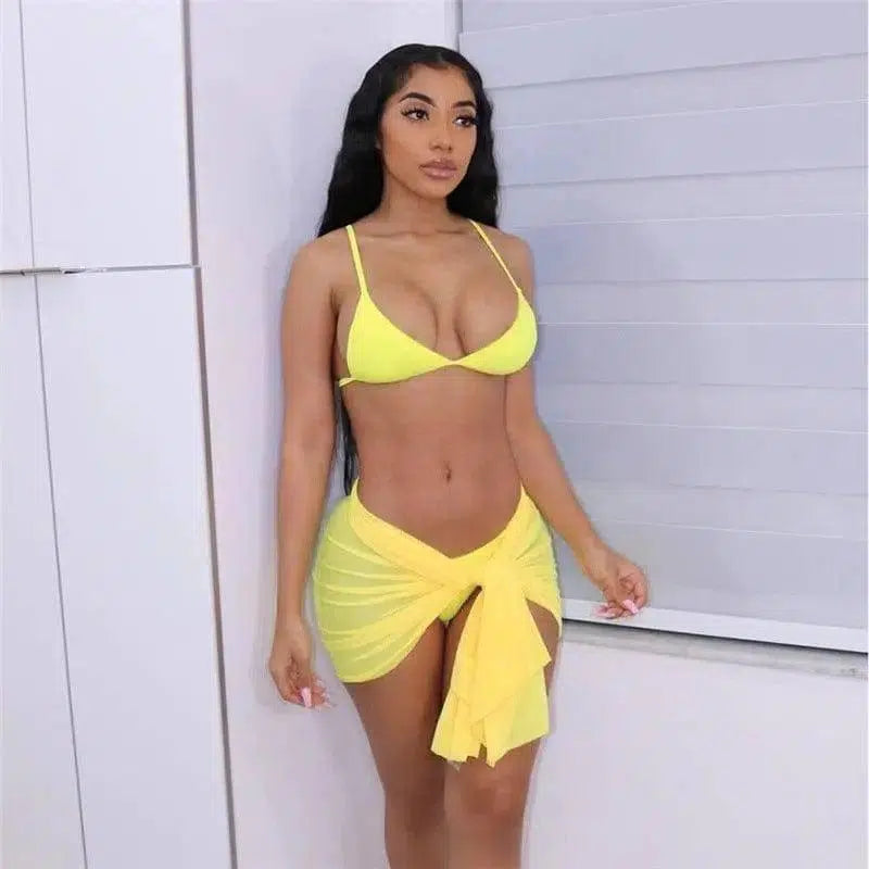 Women's Three-piece Halter Vest Swimsuit Skirt-Yellow-2