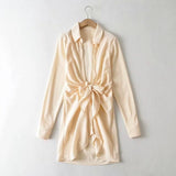 Women Sexy Deep V Neck Shirt Dress Summer Beach Boho Mini-Beige-8