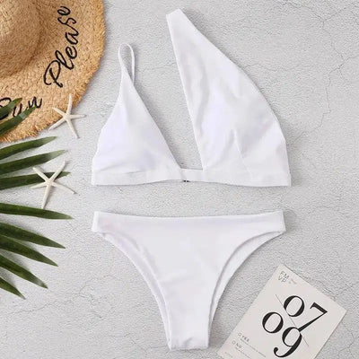 Solid Color One Shoulder Bikini-White-1