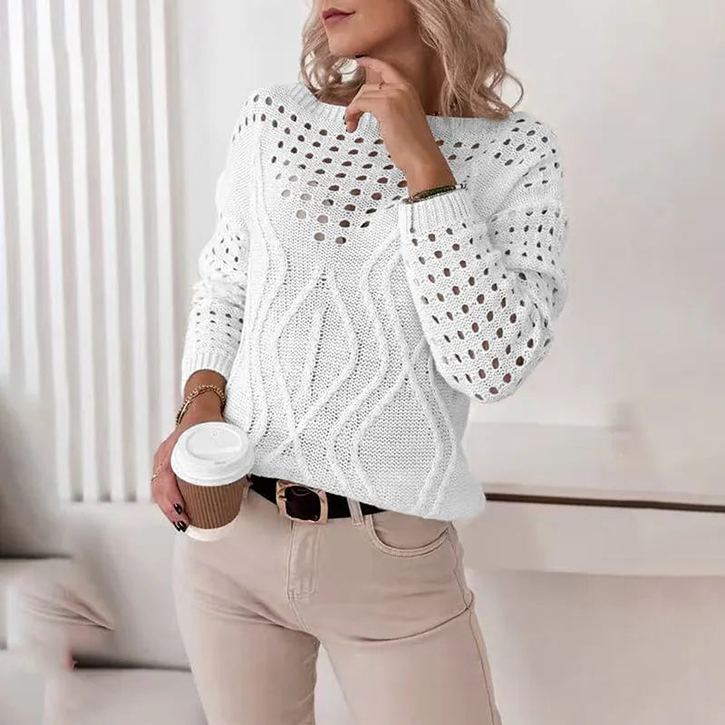 White open-knit sweater for women with textured pattern — lightweight long-sleeve top